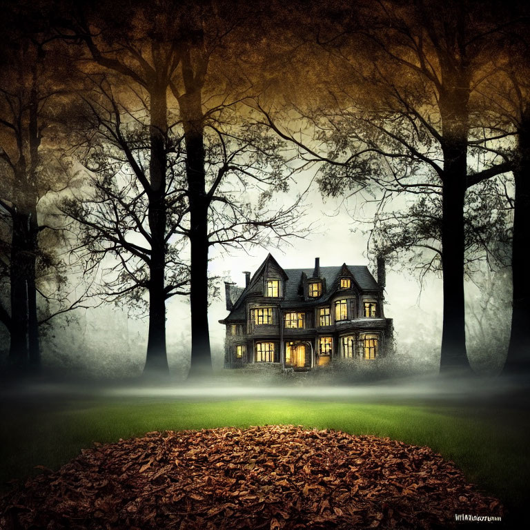 Victorian house in foggy forest with autumn leaves.