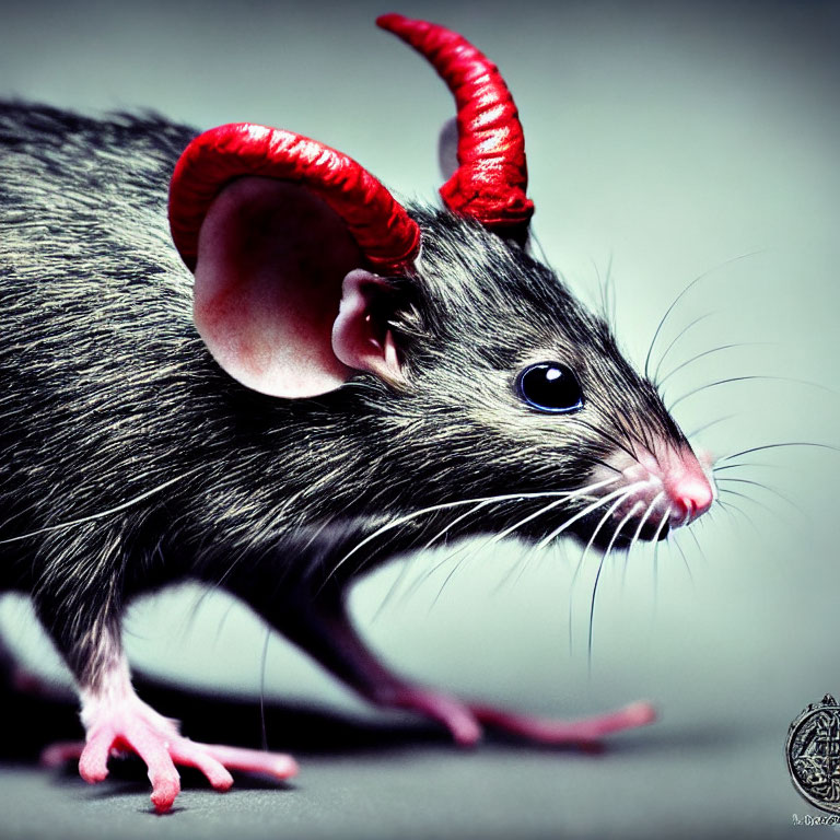 Digitally altered image: Grey mouse with red devil horns on grey background