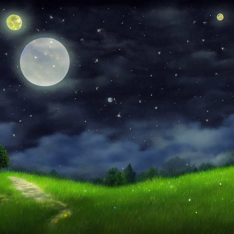 Full moon night landscape with stars, fireflies, meadow, and forest path