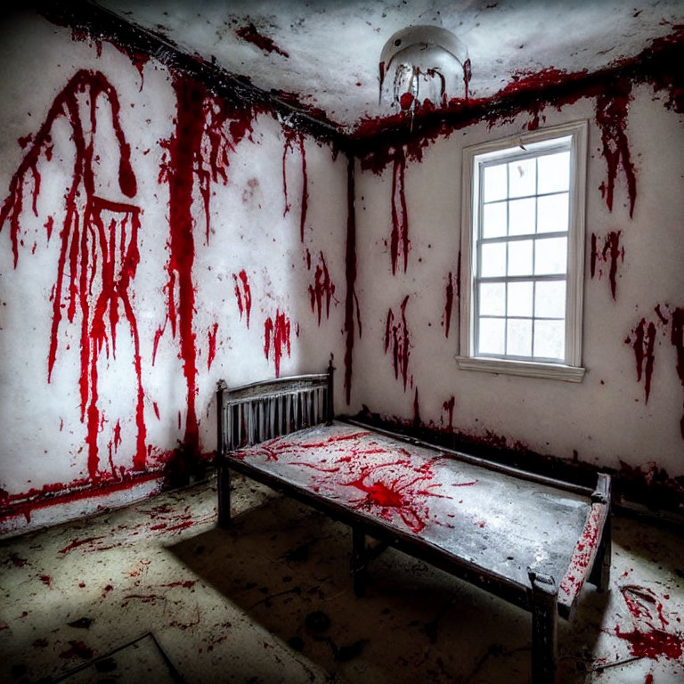 Decrepit Room with Blood-like Splatters on Bed in Gloomy Setting