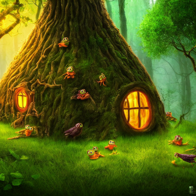 Enchanted tree with round door and windows in mystic forest with cartoon frogs