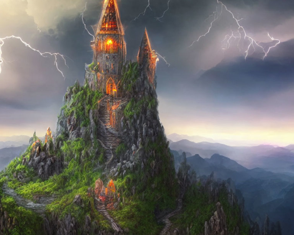 Castle on craggy peak under lightning with mystical pathway