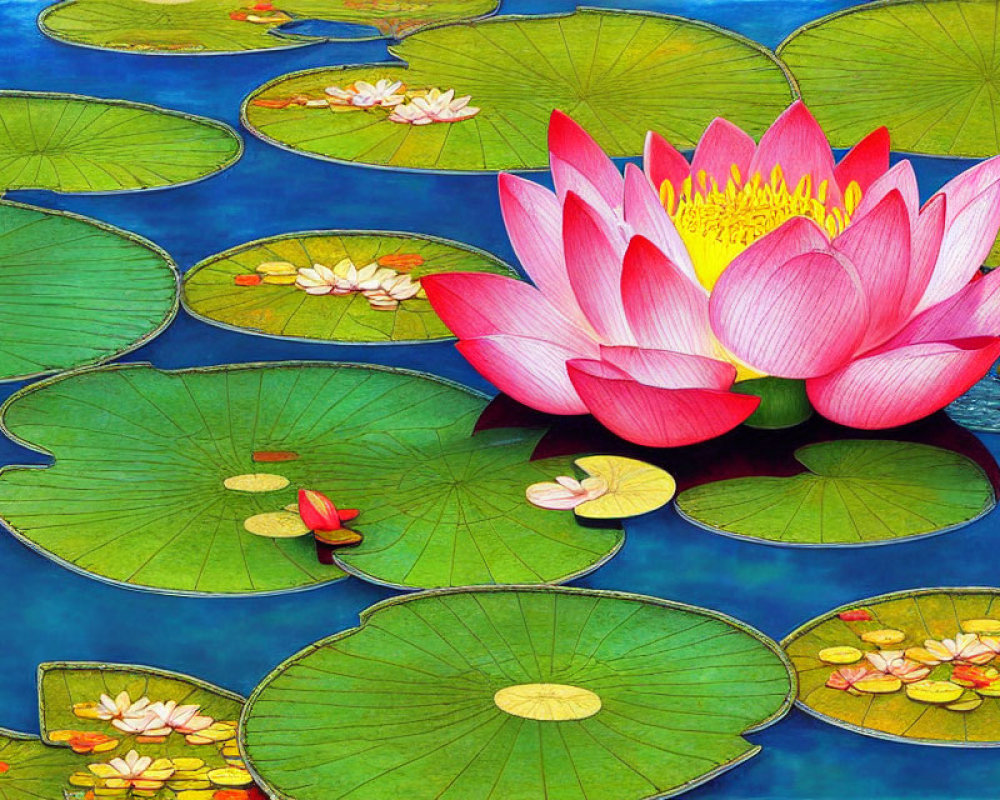 Pink Lotus Blooms Among Green Lily Pads on Blue Water