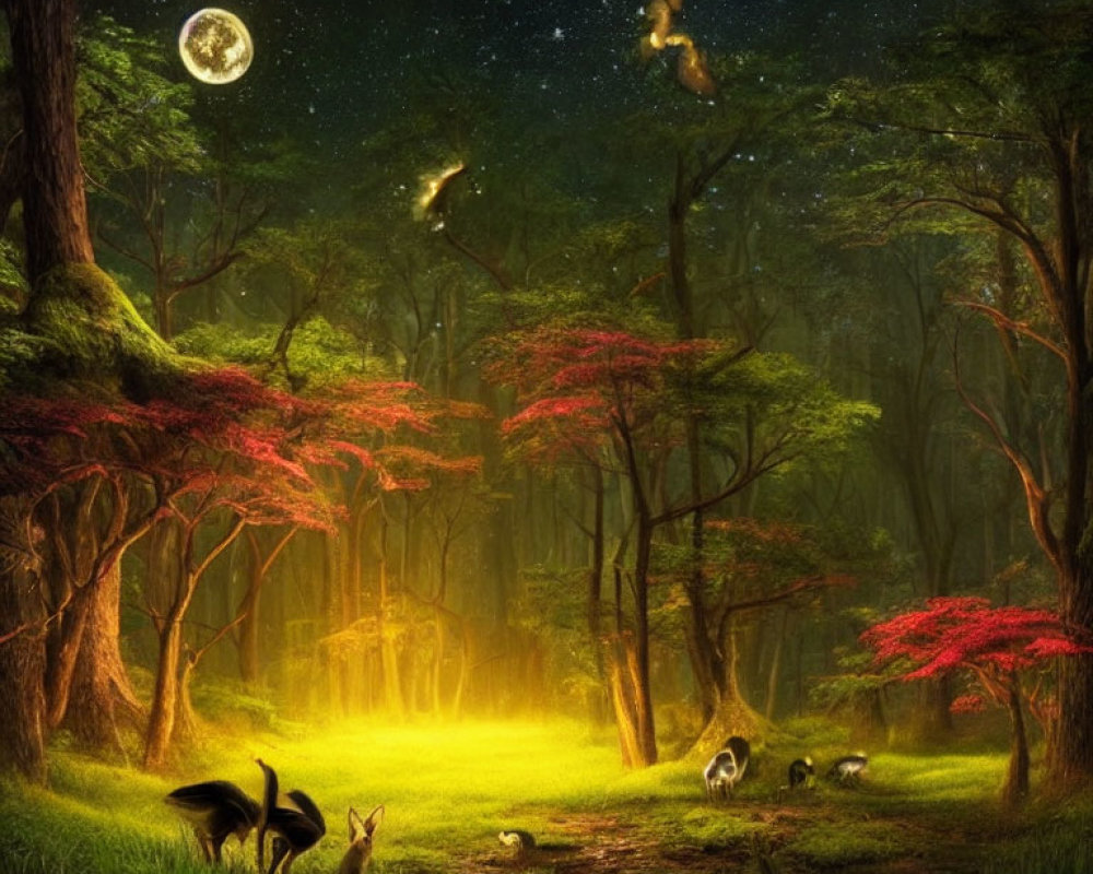 Moonlit Forest Clearing with Animals, Red Foliage, Fireflies, and Starry Sky