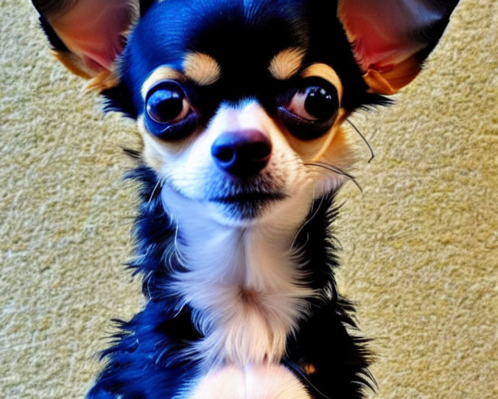 Two Chihuahuas with Large, Perky Ears on Textured Yellow Background