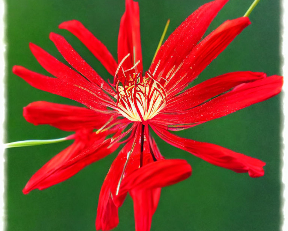 Vibrant red flower with elongated petals and yellow-white center on blurred green backdrop