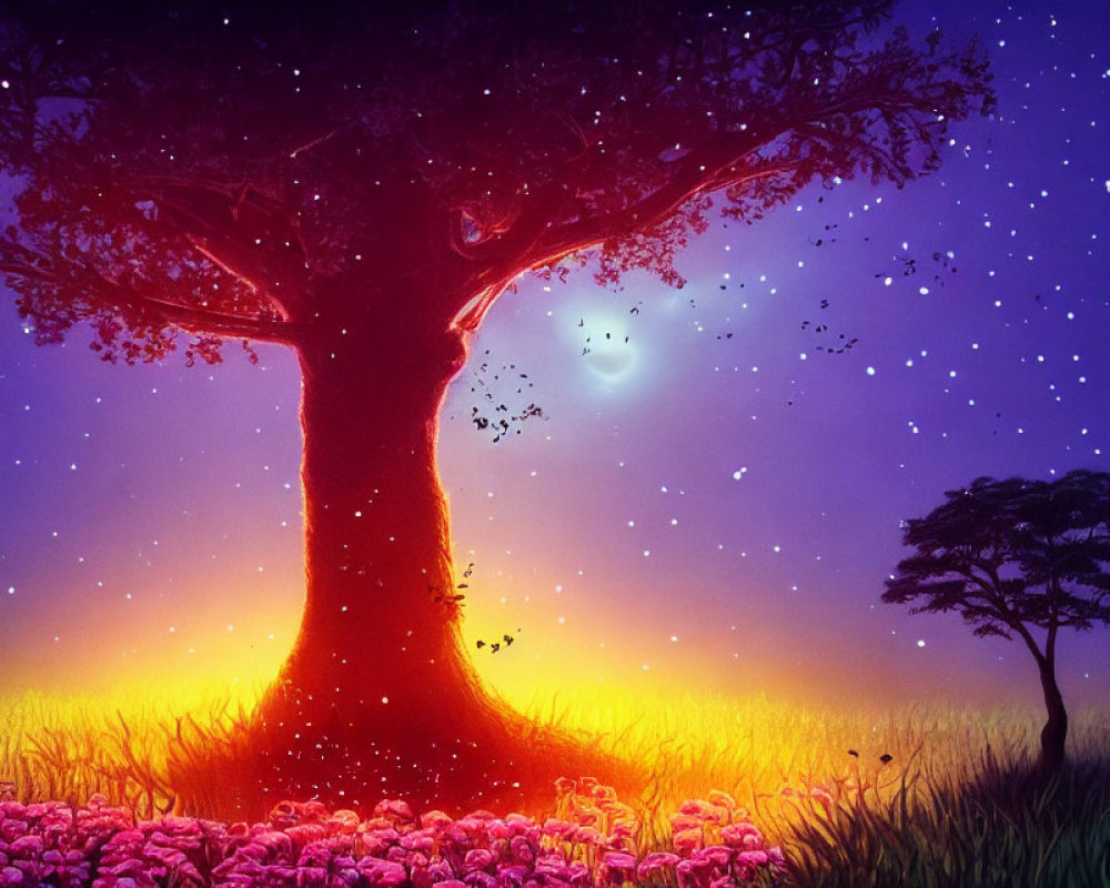 Colorful illustration: magical tree with glowing flowers under starry sky
