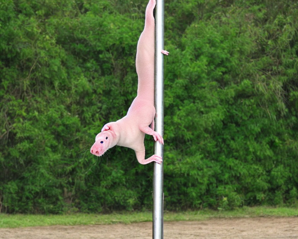 Hairless Pink Cat Clinging to Pole Against Greenery and Sandy Ground