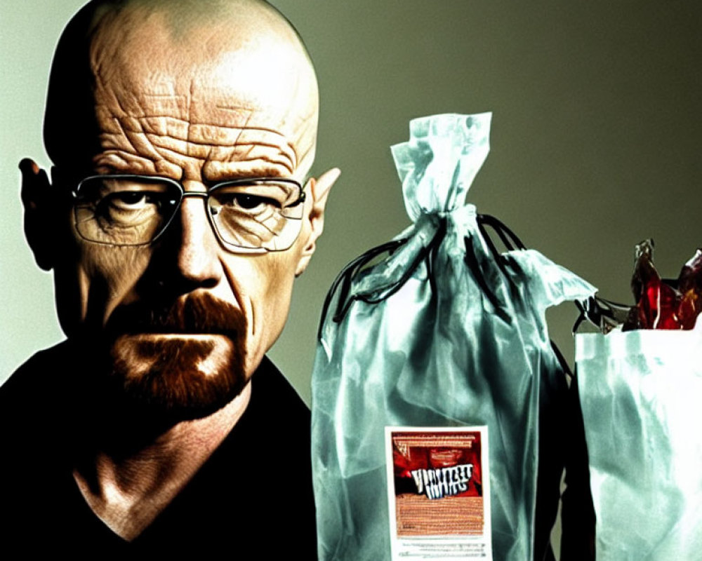 Man with glasses and goatee holding plastic bags on gray background