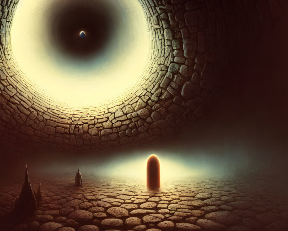 Surreal image of glowing doorway in circular stone chamber