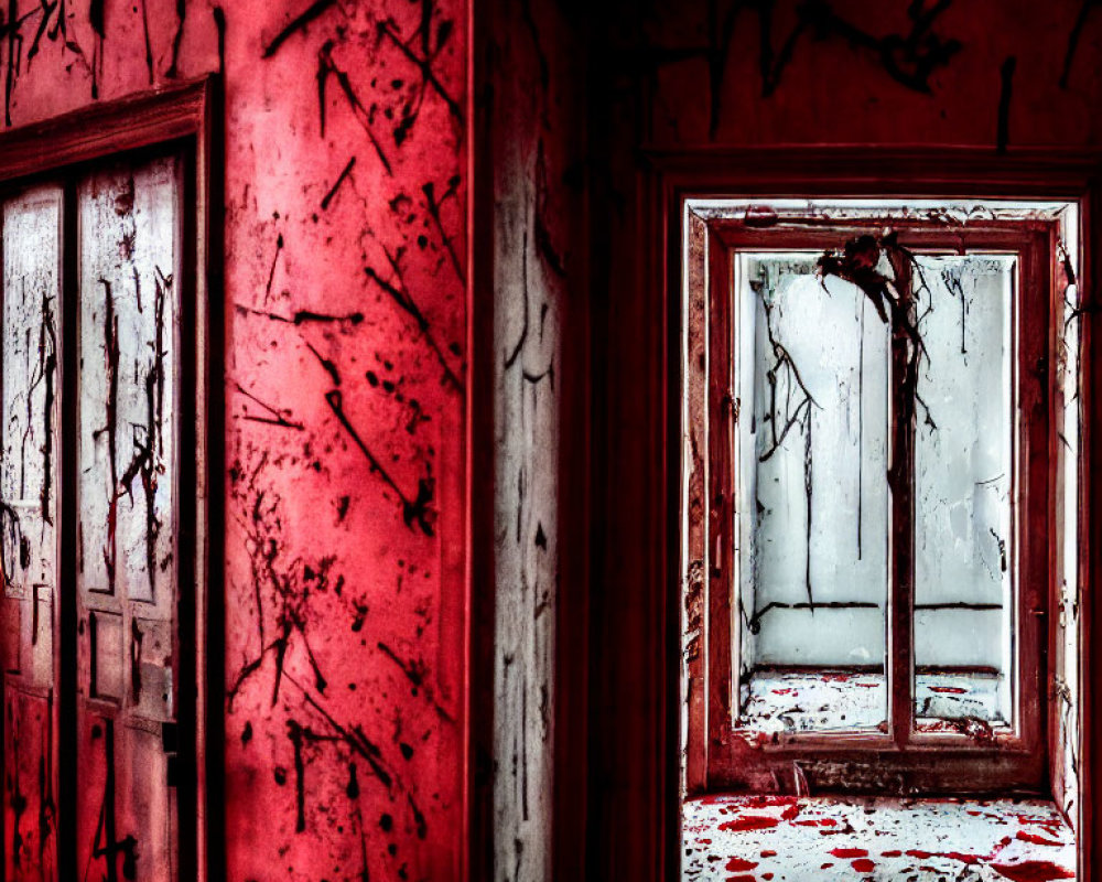 Graffiti-covered red wall and mirror in decrepit setting