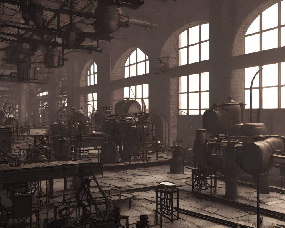 Industrial interior with large arched windows, vintage machinery, distillation tanks, and pipes under hanging lights