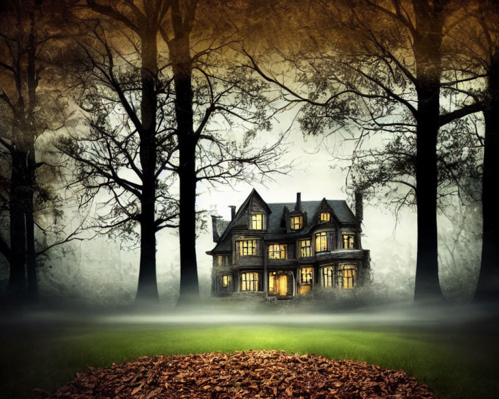 Victorian house in foggy forest with autumn leaves.