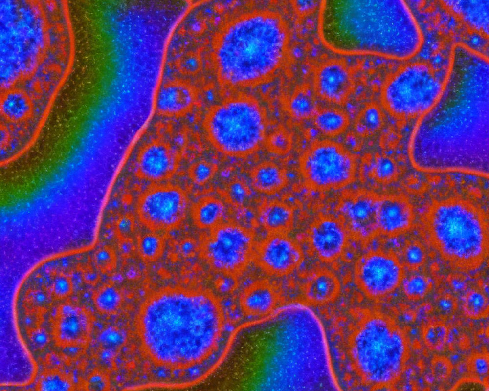 Microscopic Cells with Blue Nuclei and Red Cytoplasm on Dark Background