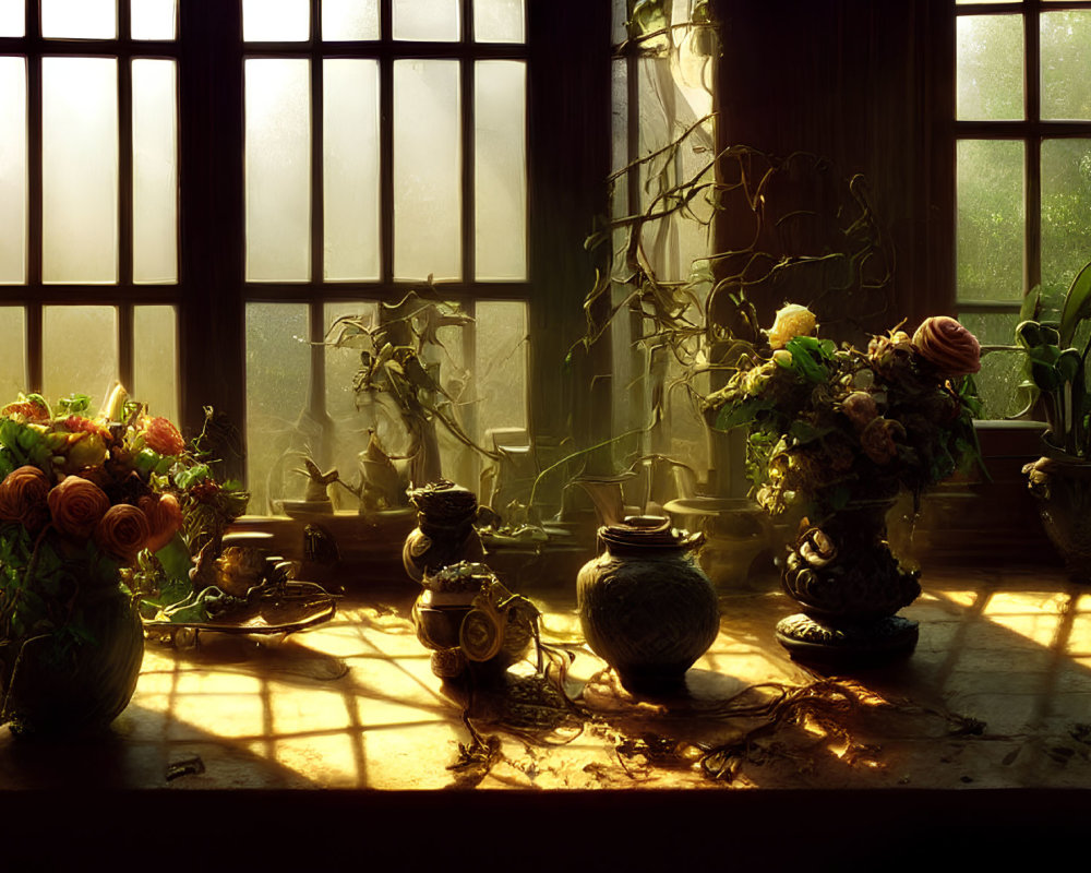 Sunlit wooden table with pottery and floral arrangements