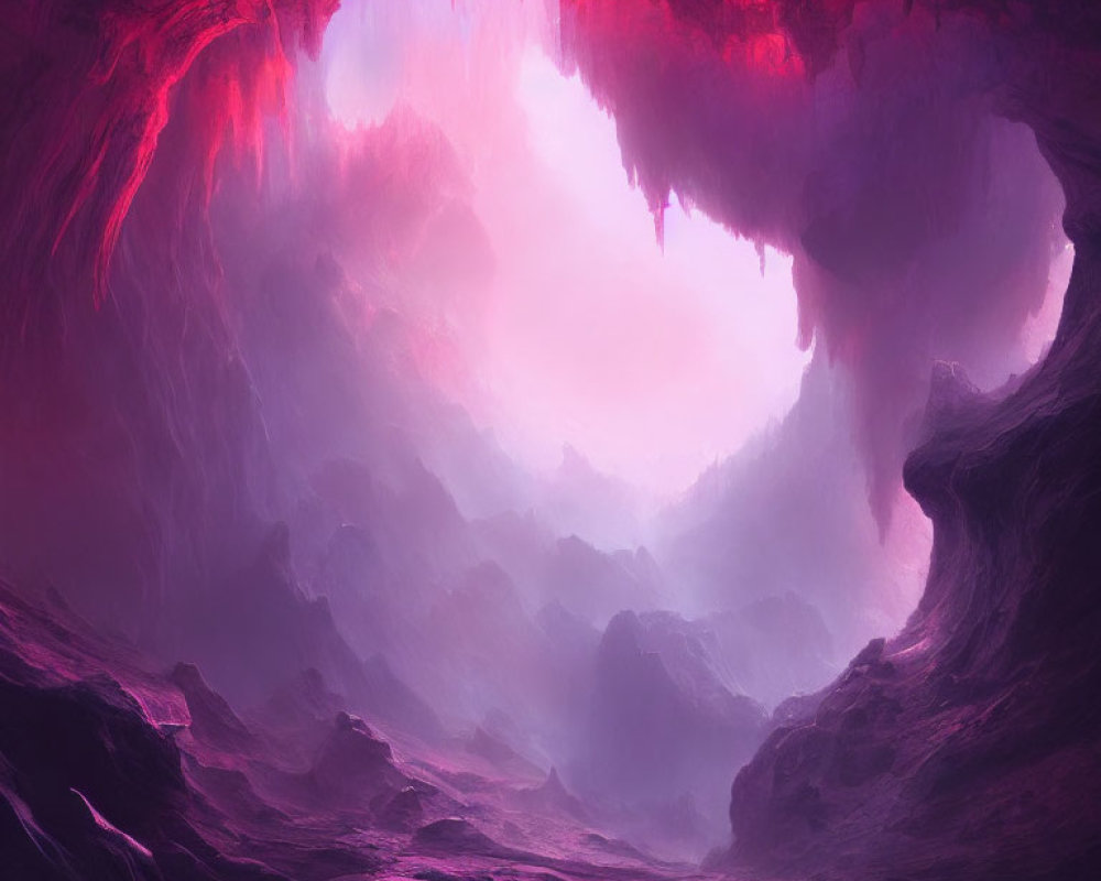 Mystical pink and purple-hued cave with stalactites and rugged terrain