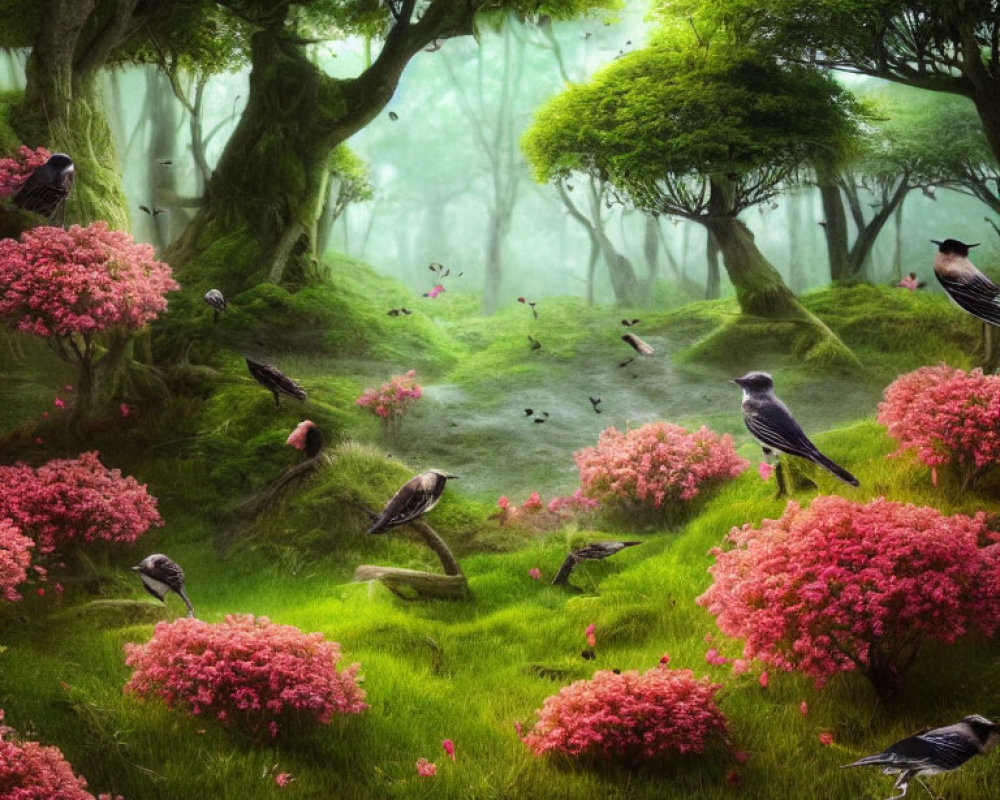 Enchanting forest scene with pink flowers, moss, fog, and black birds