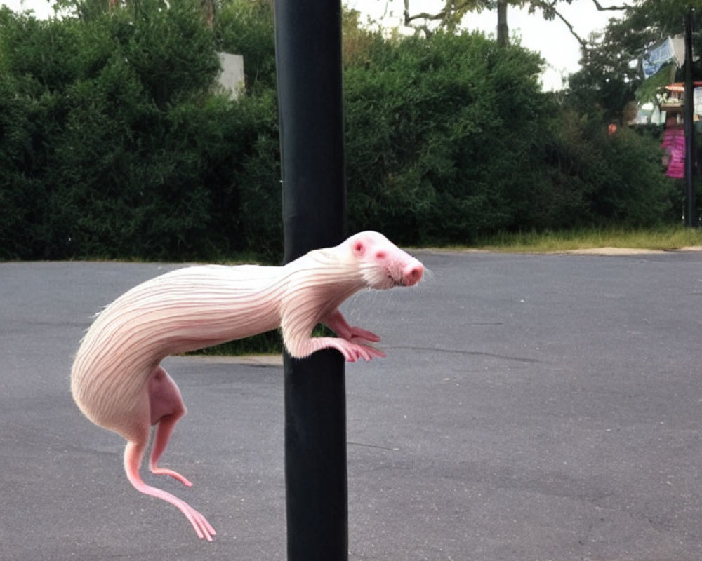 Hybrid creature with naked mole rat body and ferret head outdoors