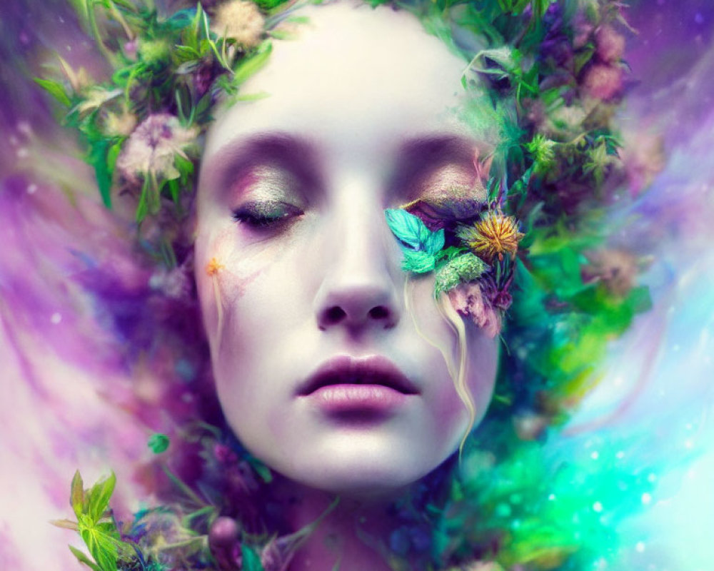 Vibrant floral adornment on surreal portrait with purple, pink, and green hues