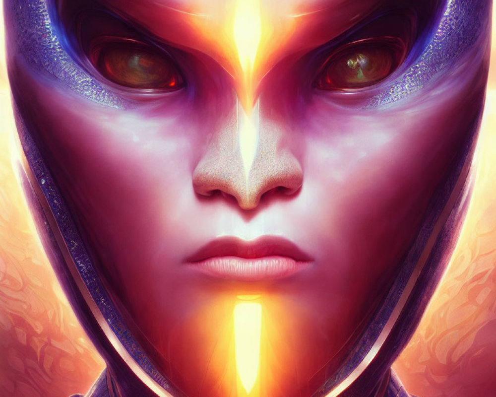 Detailed Close-up of Futuristic Alien with Purple Hood and Glowing Orange Eyes