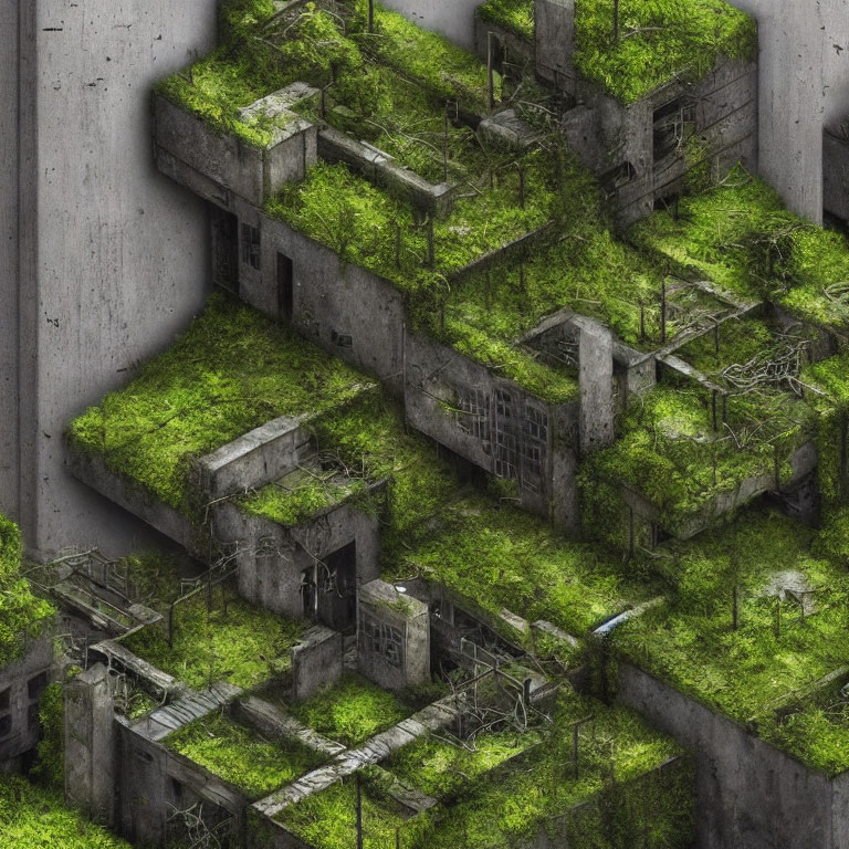 Dilapidated Urban Structure Overgrown with Green Moss