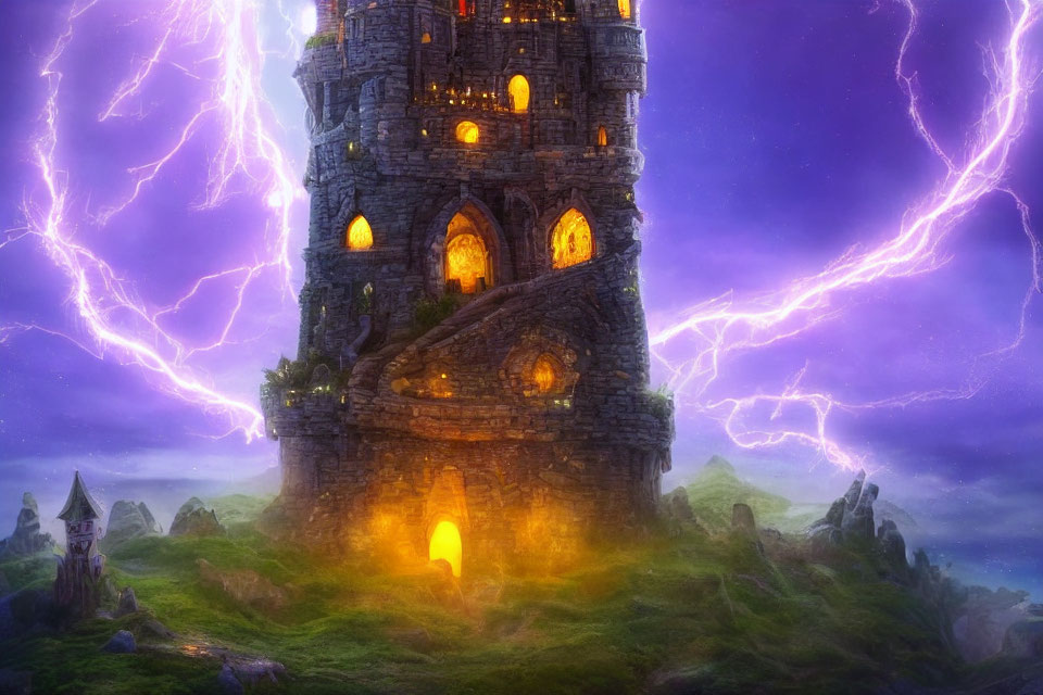 Fantasy scene: tall stone tower in stormy landscape