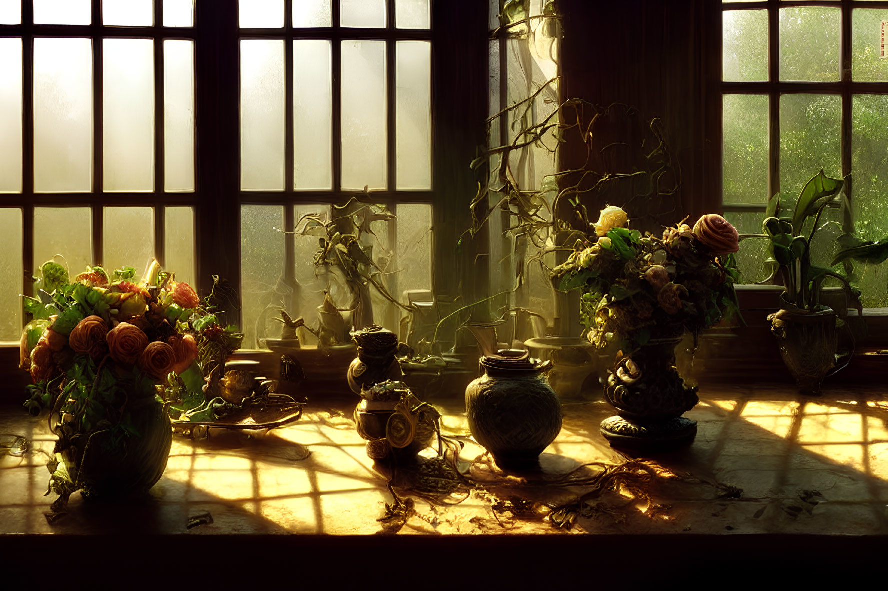 Sunlit wooden table with pottery and floral arrangements