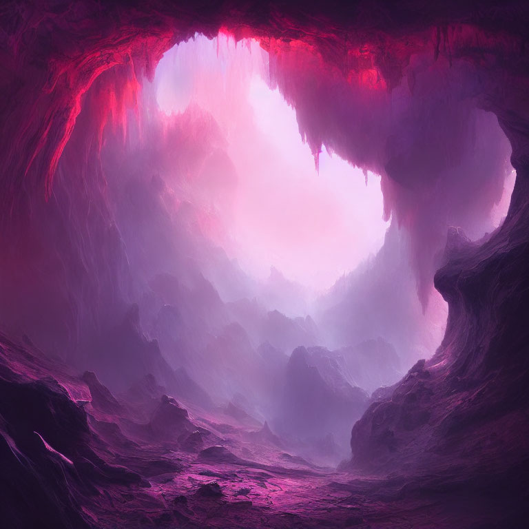 Mystical pink and purple-hued cave with stalactites and rugged terrain