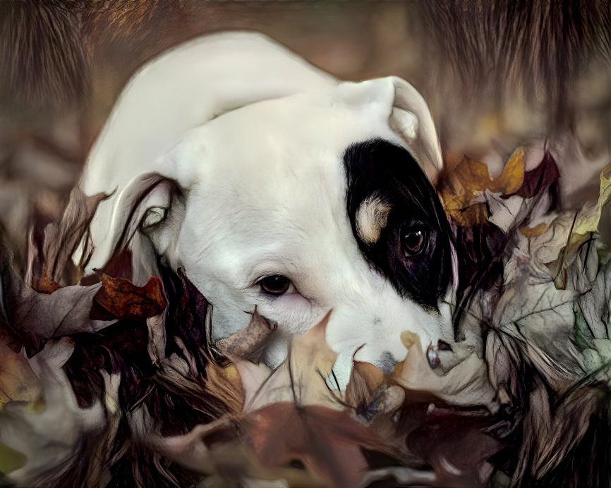 Dog lying in leaves