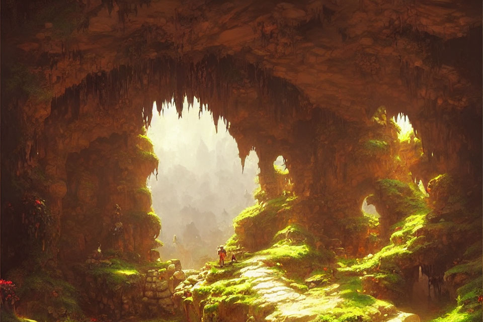 Sunlit cave with moss-covered stones, hiker resting, and ethereal glow