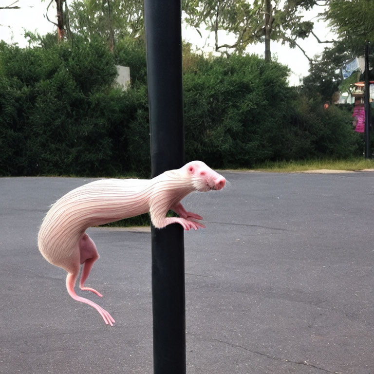 Hybrid creature with naked mole rat body and ferret head outdoors