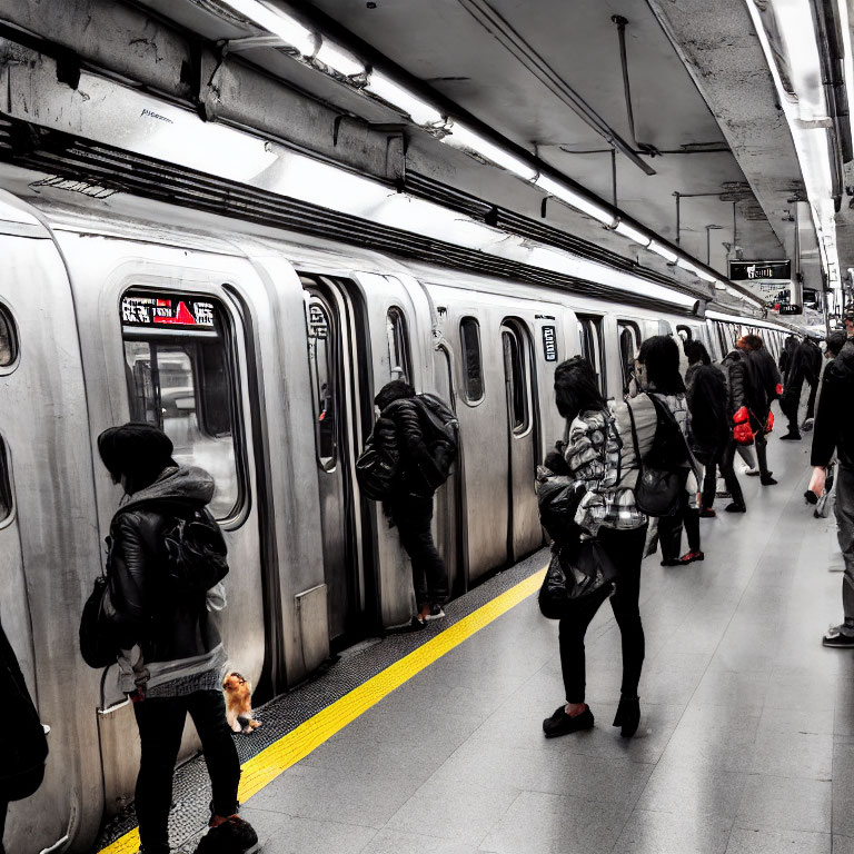 Subway commuters with small dog in grey and white station.