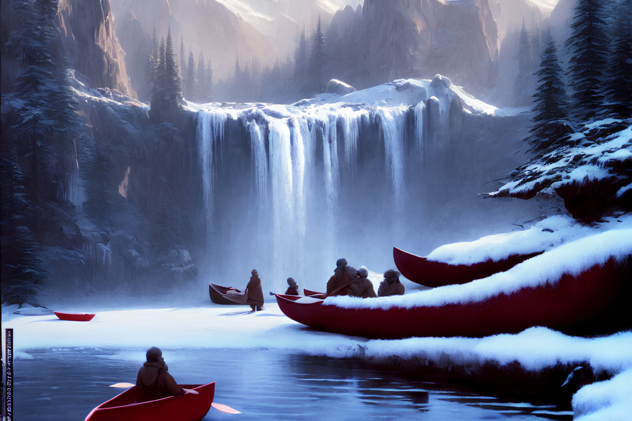 People in red canoes admire snowy riverbank waterfall