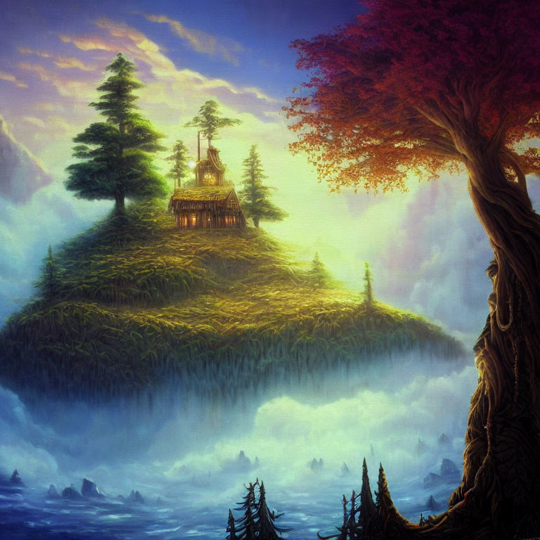 Floating island with house, trees, and face tree in surreal twilight scene