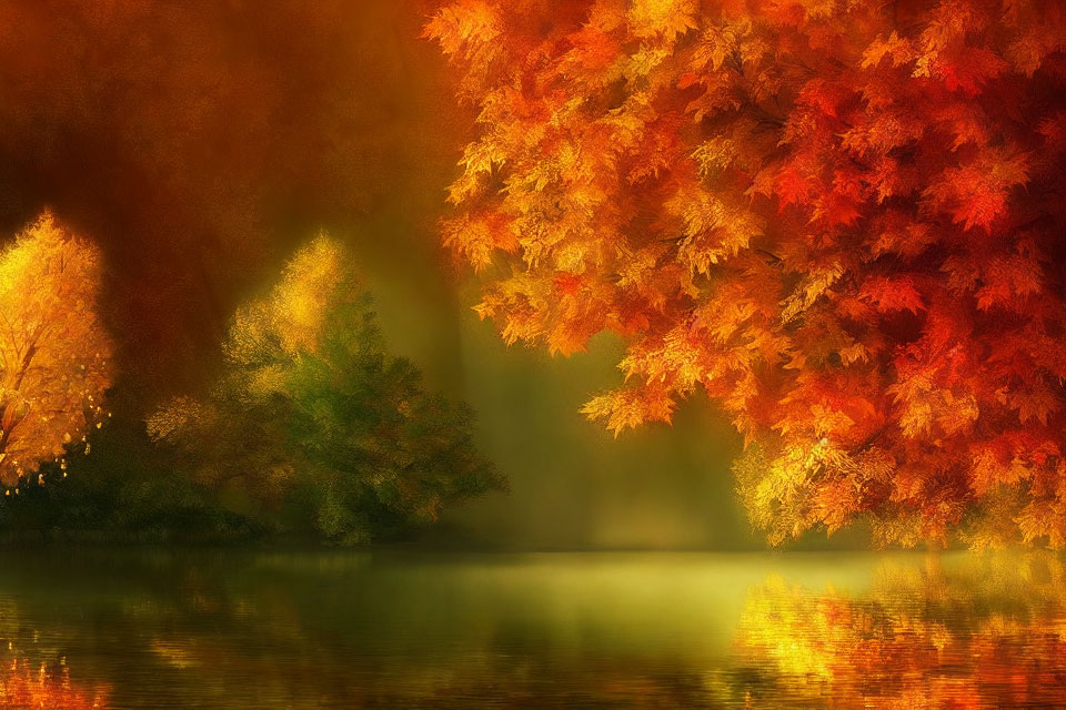 Tranquil lake with golden and red autumn foliage reflections