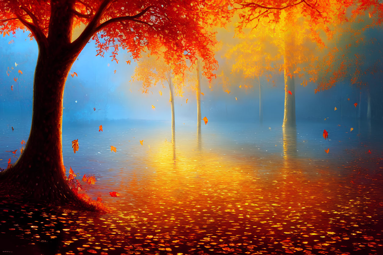 Tranquil autumn landscape with golden-orange leaves and misty background