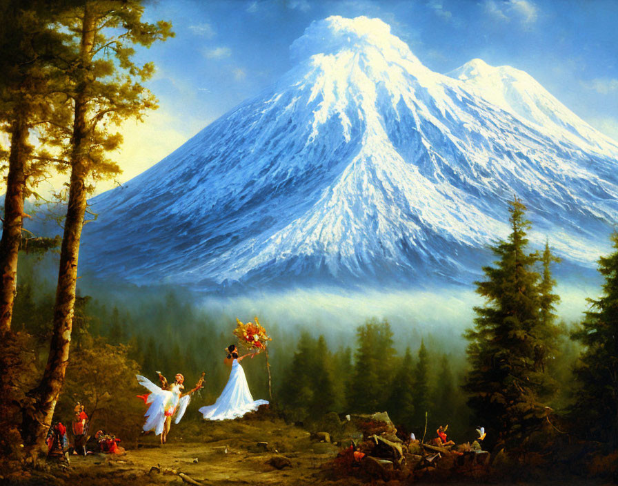 Ethereal figures dancing in forest with snow-capped mountain