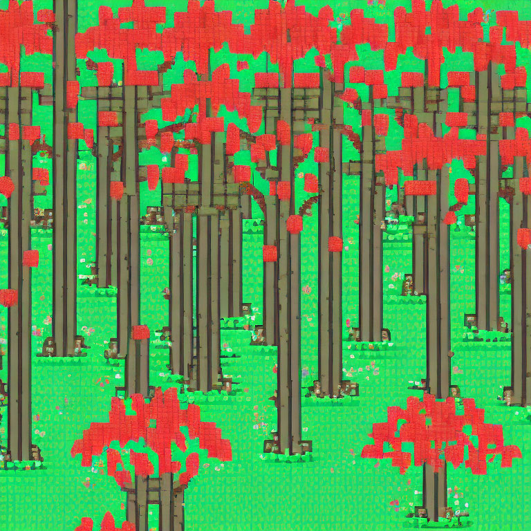 Bamboo Forest Pixel Art with Red Leaves