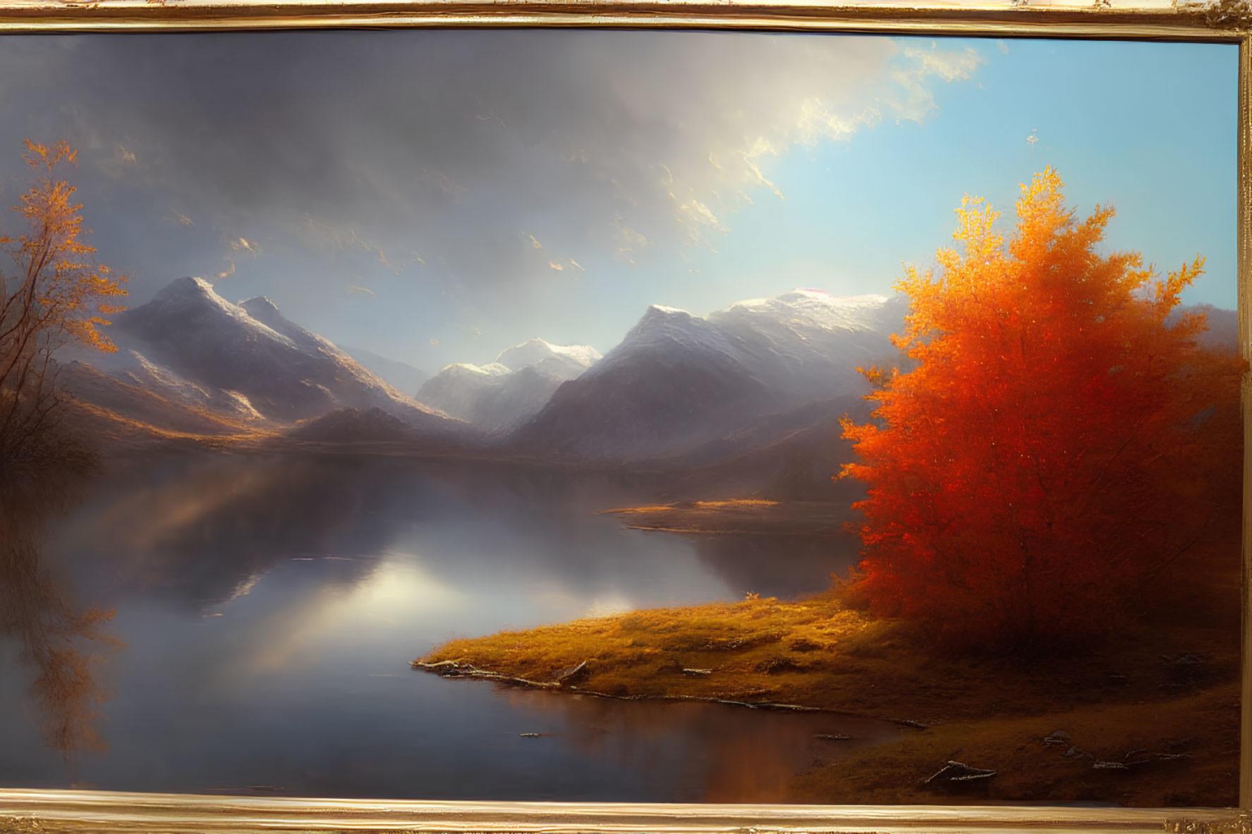 Tranquil landscape: snowy mountains, calm lake, autumn trees