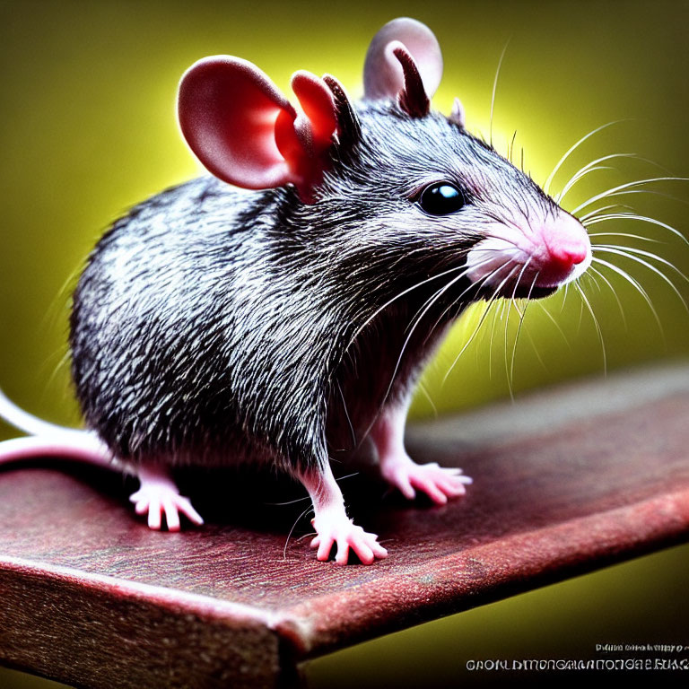 Small grey mouse with pink ears on wooden surface against green background