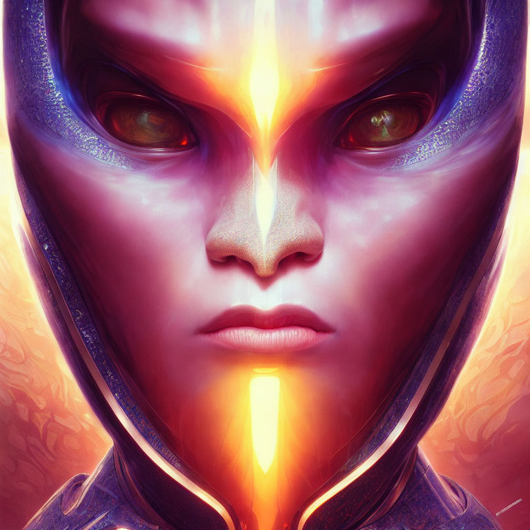 Detailed Close-up of Futuristic Alien with Purple Hood and Glowing Orange Eyes