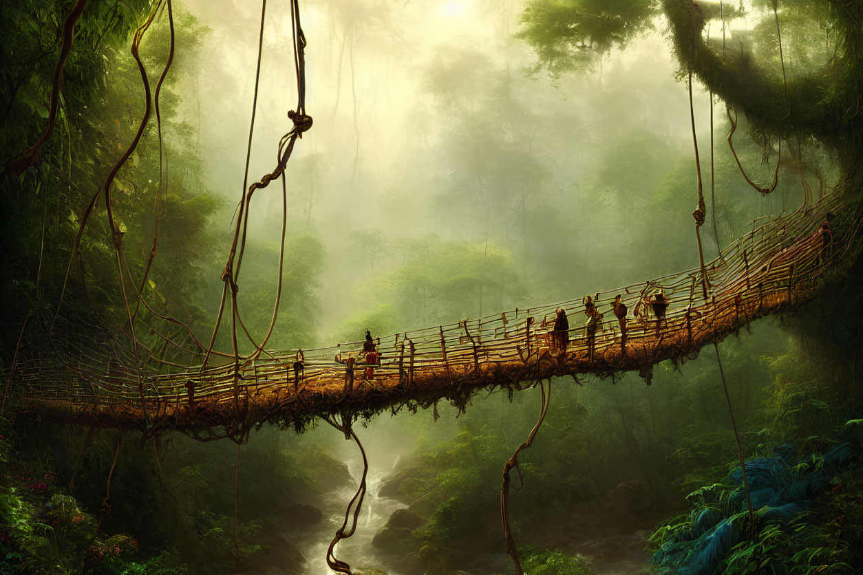 Rustic rope bridge over misty forest ravine with people crossing amid lush greenery