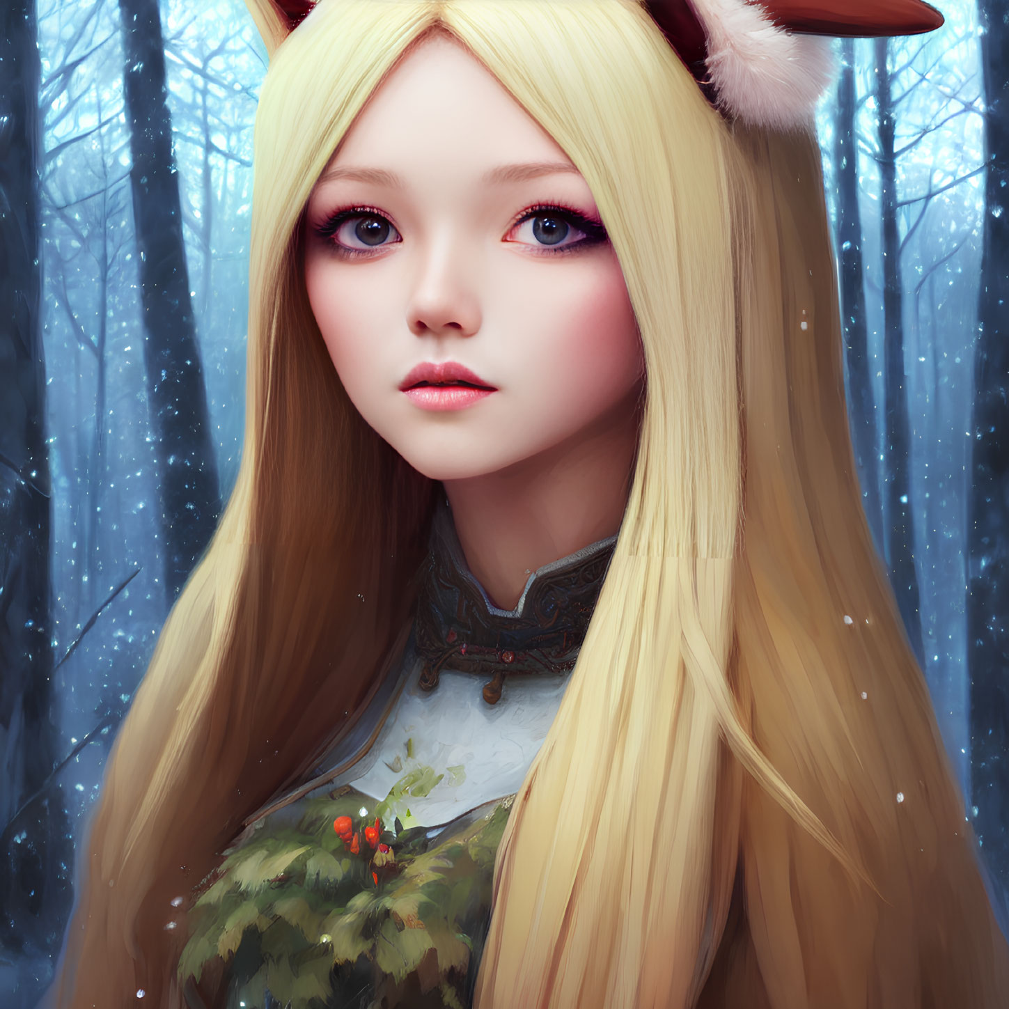 Fantasy character with fox ears in snow-covered forest.