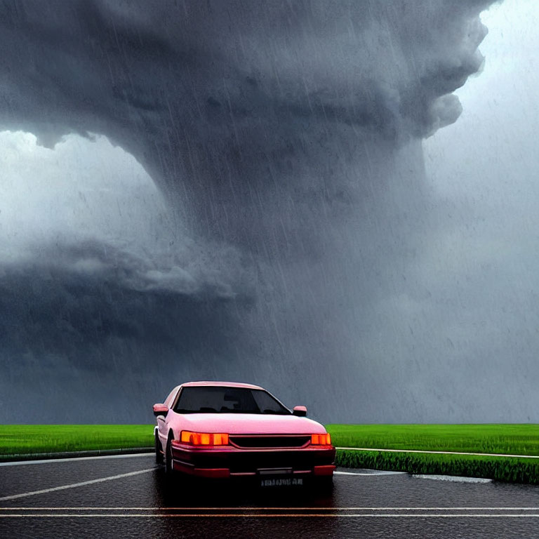 Red car confronts massive tornado on countryside road under stormy sky