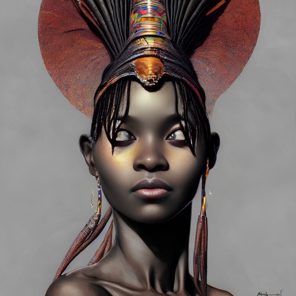 Detailed digital portrait of woman with ornate headdress and striking makeup