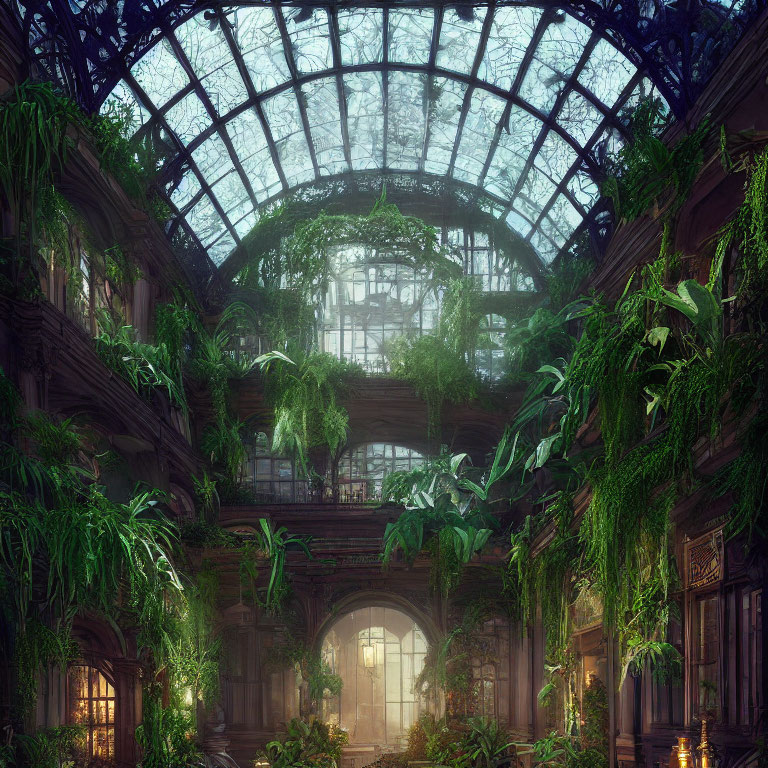 Lush Greenery in Overgrown Greenhouse with Glass Dome