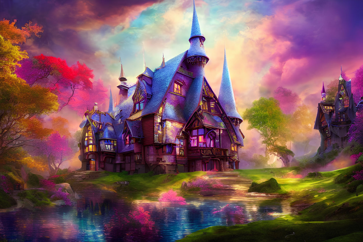 Fantasy landscape with enchanted house, lake, and colorful foliage