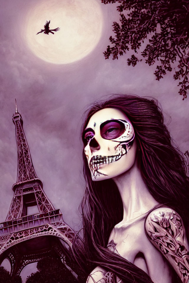 Skull Face Paint Person at Eiffel Tower with Moonlit Sky and Bird