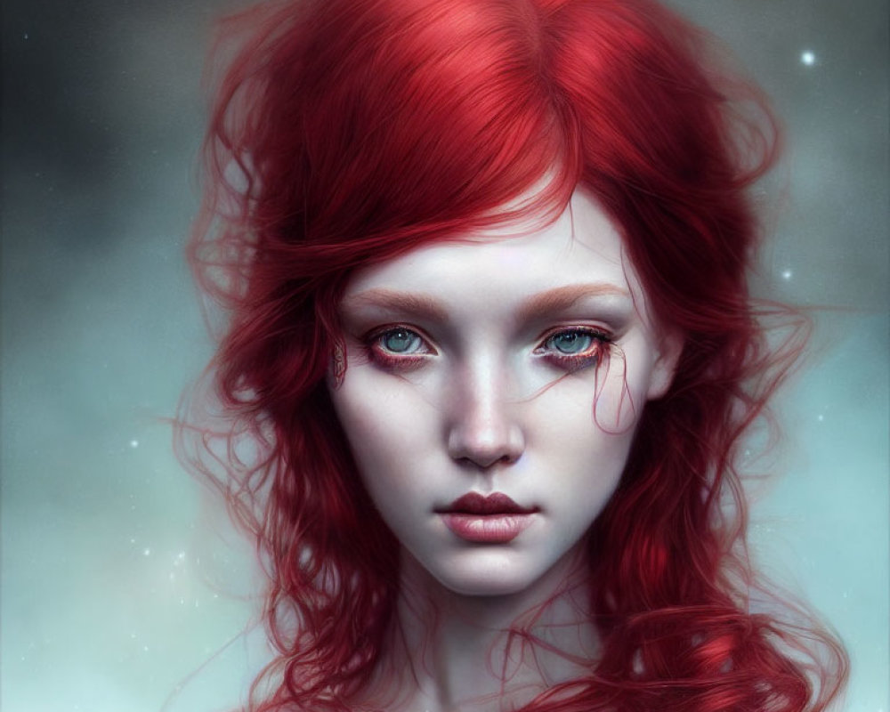 Vibrant red-haired woman with pale skin and blue eyes in mystical digital portrait