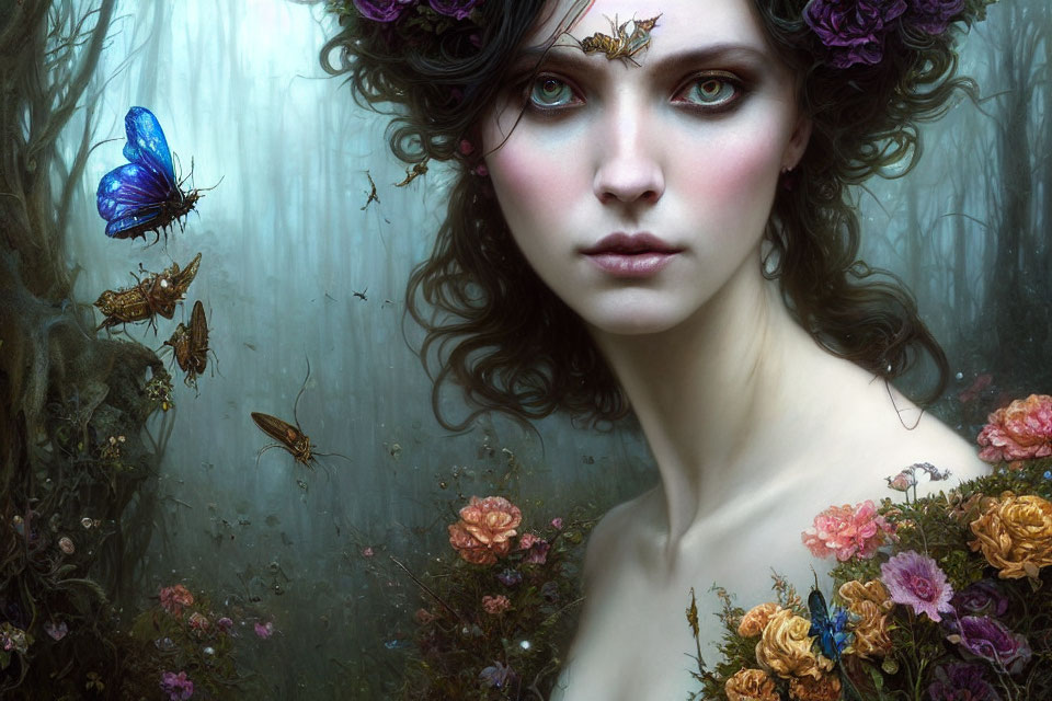 Enchanted forest portrait with butterfly and floral motifs